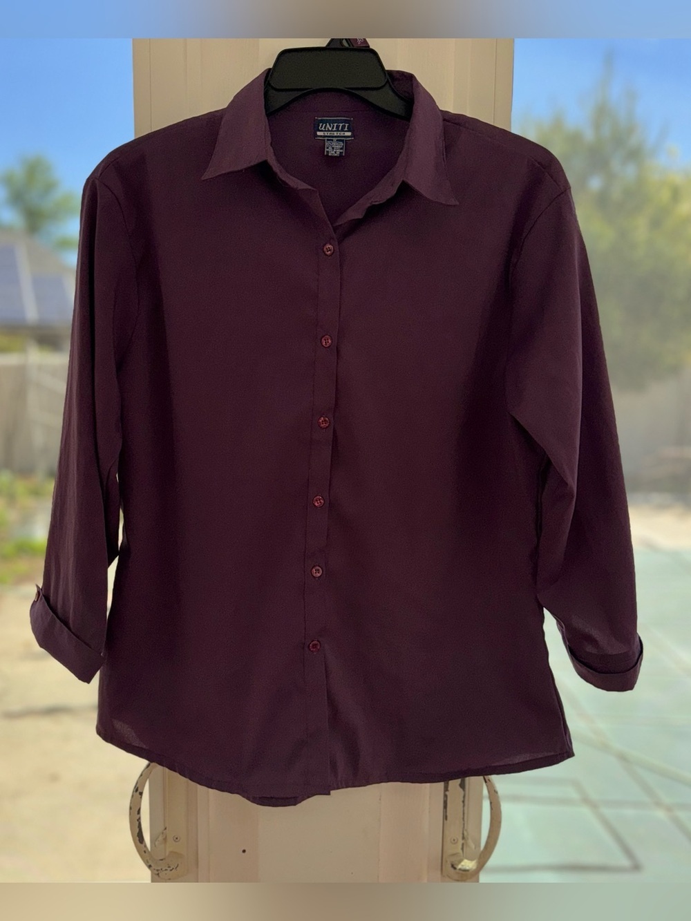UNITI Women Plus Size 1X Stretch Button Up Shirt Plum Purple Roll Tab 3/4 Sleeve - Picture 3 of 12
